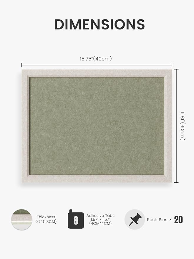 Fluxynara Felt Cork Board Alternative, Felt Bulletin Board 16" x 12" Oatmeal Frame with 8 Adhesive Tabs, Pin Board for Home Office, Classroom, Entryway, Kitchen Wall Decor—Sage