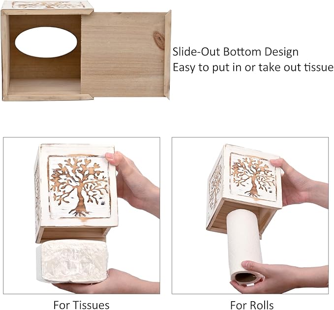 SwallowLiving Wooden Tissue Box Cover Square - Weighted Farmhouse Facial Tissue Holder with Sliding Bottom - Distressed White Tree of Life Dispenser for Bathroom Vanity, Bedroom & Living Room Decor