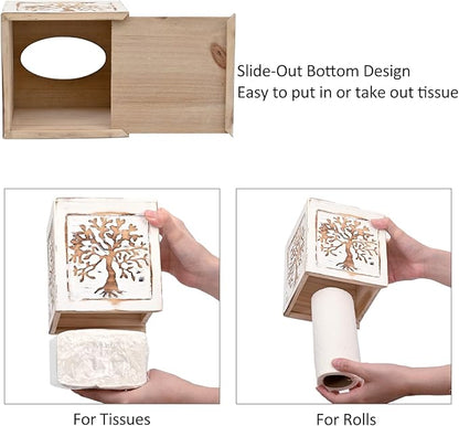 SwallowLiving Wooden Tissue Box Cover Square - Weighted Farmhouse Facial Tissue Holder with Sliding Bottom - Distressed White Tree of Life Dispenser for Bathroom Vanity, Bedroom & Living Room Decor