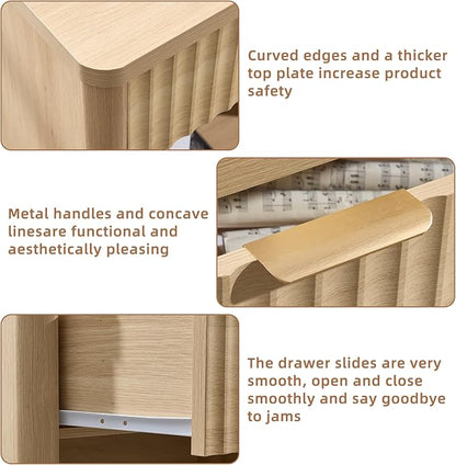 LEYAOYAO 31" Wide Fluted Nightstand with Charging Station, Oversized Extra Large 1 Drawer Night Stand with Golden Handle, Natural Wood Bedside Table Tall End Tables,for Bedroom, Living Room, Hallway