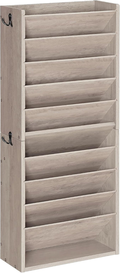 CHOEZON Wall File Organizer, 10-Tier Hanging Mail Organizer, Wall Mount File Holder with 4 Side Hooks, Industrial Mail and Storage Organizer, Wooden Vertical Hanging Holder for Office, Greige MWJ03FH