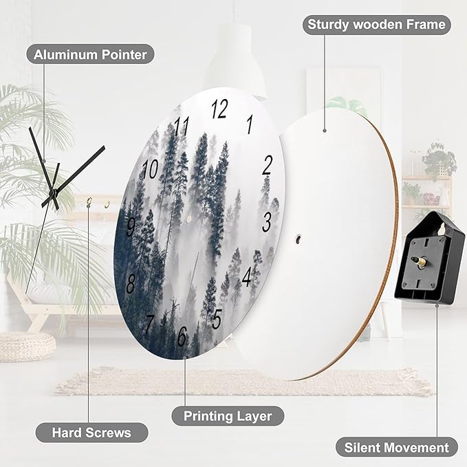Scenic Nature Wall Clock, Mountain Misty Forest Tree Landscape Foggy Woodland Scenery Round Clocks Wall Decor Silent No Ticking 12 Inch Wooden Clock for Bedroom Living Room Home Office