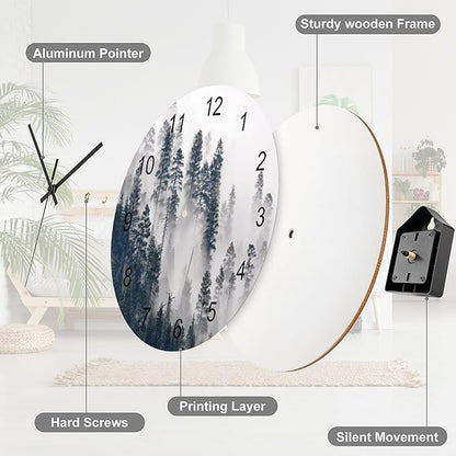 Scenic Nature Wall Clock, Mountain Misty Forest Tree Landscape Foggy Woodland Scenery Round Clocks Wall Decor Silent No Ticking 12 Inch Wooden Clock for Bedroom Living Room Home Office