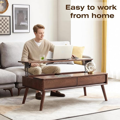 100% Solid Wood Lift Top Coffee Table for Living Room, Mid Century Modern Tables with Drawers and Large Storage, Oak Wood Coffee Tables for Small Spaces (Oak Walnut Color, 47.24"W x 23.62"D x 25.59"H)