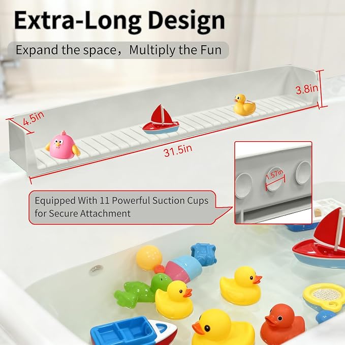 Bathtub Splash Guard for Tub Kids - 31IN Silicone Splash Guard with 11 Strong Suction Cups, Toy Tray Caddy Holder for Tub, Prevent Water Spills in Bathroom, Suitable for Kitchen Sinks and Bathtubs