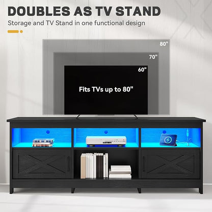 YITAHOME TV Stand for 80/75/70 Inch TVs with LED Lights, Farmhouse Entertainment Center with Storage Cabinets, Open Shelves & Adjustable Shelf for Living Room, Black