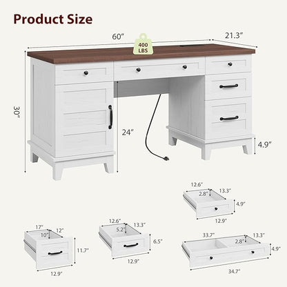 60" Executive Desk with Power Outlet, Home Office Desk with Drawers, Wooden Work Desk with File Cabinet, Computer Desk for Work, Study, Writing, White and Brown