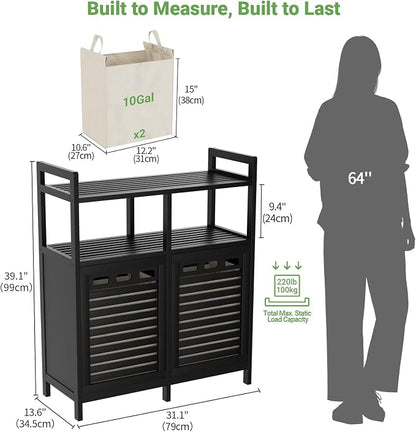 Homykic Tilt Out Laundry Hamper Cabinet, Bamboo Double Laundry Hamper with 2 Removable Laundry Baskets, 20 Gal Laundry Sorter Organizer with Shelf for Dirty Clothes, Bathroom, Laundry Room, Black