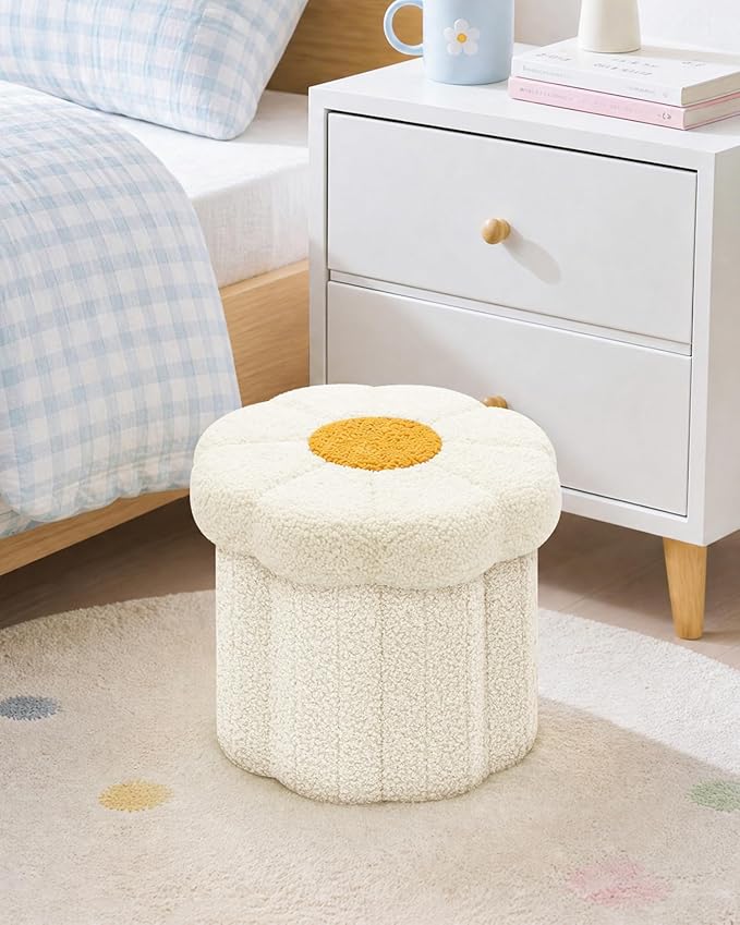 B FSOBEIIALEO Storage Ottoman Foldable, Sunflower Shaped Small Footrest Collapsible Folding Seat Bench for Bedroom Living Room Entryway, Faux Teddy Fur, White 12.6"x12.6"x11.4"