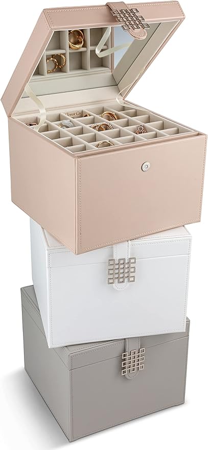Glenor Co Earring Organizer Holder - 75 Small & 4 Large Slots Classic Jewelry Box with Drawer & Modern Closure, Mirror, 4 Trays Earrings, Ring or Chain Storage - PU Leather Case - Sand