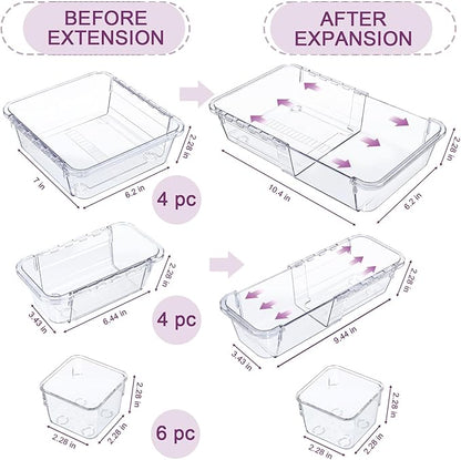 14 Pcs Clear Drawer Organizer, Adjustable Drawer Storage Box, 3-Size Desk Drawer Organizer, Acrylic Storage Bins for Makeup, Cosmetic, Kitchen Utensils, Bedroom Dressers Tool Organizer for Gadgets