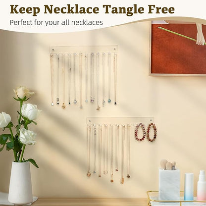 Acrylic Necklace Holder 4 Pack Wall Mounted Necklace Organizer Hanging Jewelry Organizer with 12 Hooks for Necklaces, Bracelets, Rings and Bangles Display