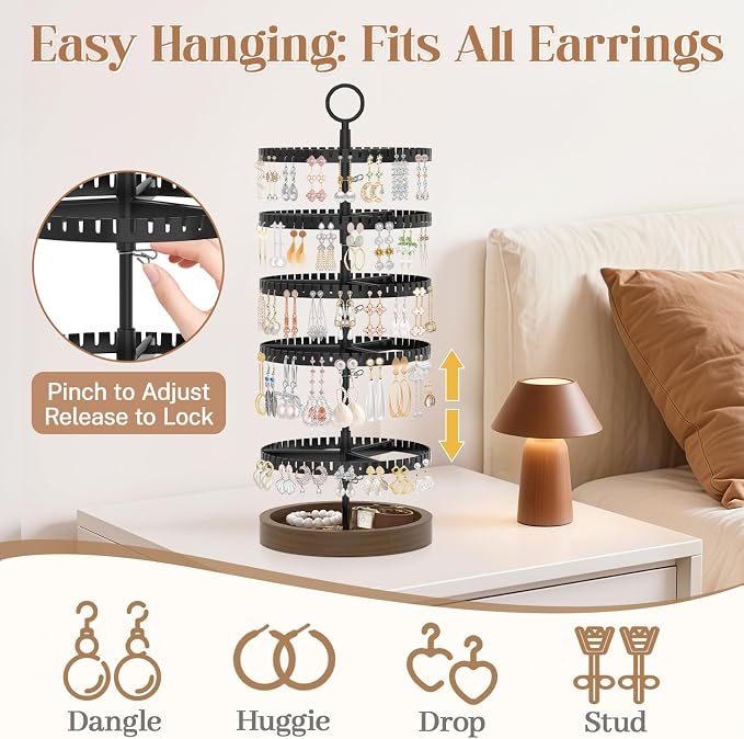 iDavosic.ly 5 Tier Rotating Earring Holder Organizer with Wooden Tray, Large Dangle Display Stands Tree with 285 Plastic Grooves, Adjustable Hoop Storage Rack, Space Saving Tower, Black & Brown