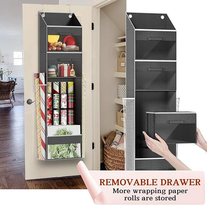 Over Door Wrapping Paper Organizer Storage with 3 Removable Drawers & Side Pockets – Dual Use Design with Elastic Straps – Christmas Gift Wrap Storage for Ribbons, Bows, Ornament and Other Tools 1Pack