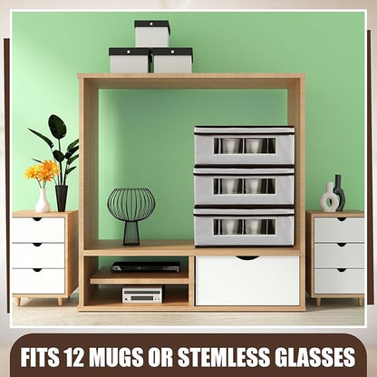 Norme 3 Pack Wine Glasses Storage Box with Dividers, 12 Compartments Stemware Storage Cases Champagne Flute Box with Lid Handle Window China Container Organizer for Moving(Mug Size,Beige)