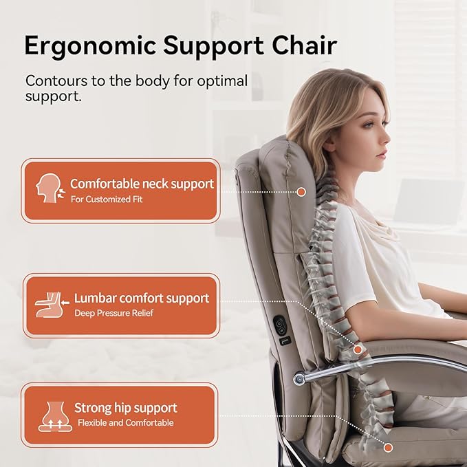LEAGOO Heated Massage Office Chair with Foot Rest, Reclining Ergonomic Executive Office Chair with Massager for Lower Back, High Back PU Leather Comfy Heated Computer Desk Chair with Wheels, Khaki