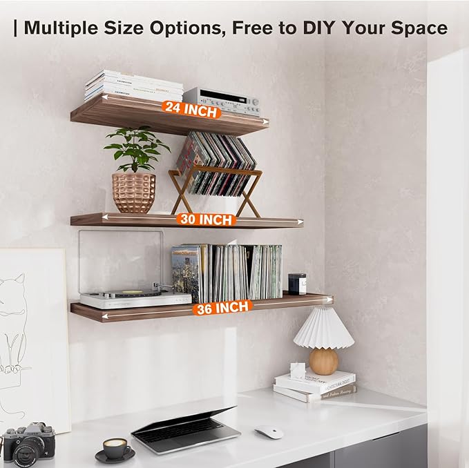 JPND Wall Shelf Set of 3, Walnut Floating Shelves 24 in W x 10 in D x 1 in H, Wooden Floating Wall Shelf with Invisible Brackets for Living Room/Bedroom/Bathroom/Kitchen Storage and Decor