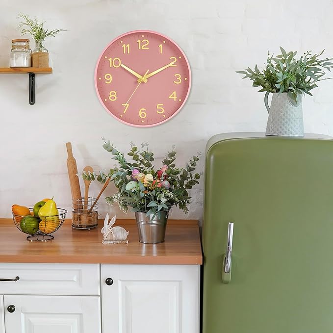 Roymnie Silent Wall Clocks Battery Operated 8 Inch-Modern Non Ticking Analog Clock Decorative for Kitchen Office Bathroom Bedroom(Pink Gold)