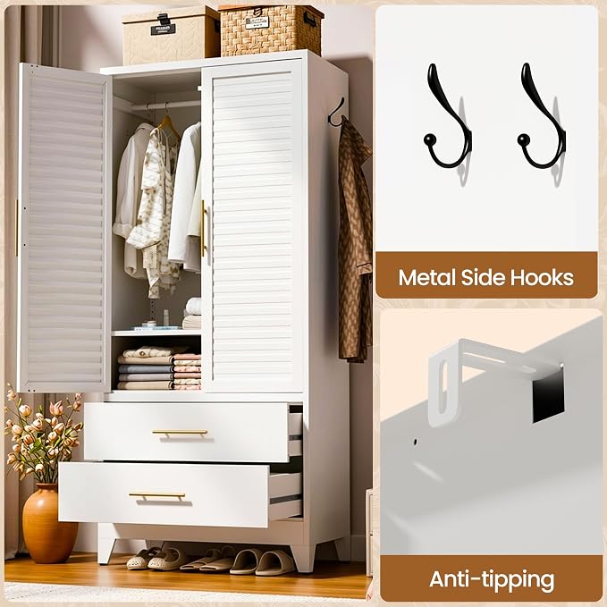 Metal Armoire Wardrobe Closet, 71" Clothing Storage Cabinets with Adjustable Hanging Rod and Shelves , Louvered Doors, 2 Side Hooks & 2 Drawers - Closet Cabinet for Bedroom, Laundry Room, Cloak Room