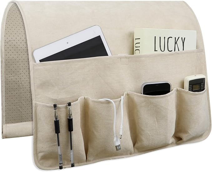 NB Sofa Armrest Organize Remote Holder Bedside Caddy Organizer With 5 Pockets，Non-Slip Couch Remote Control Holder Couch Armchair Caddy Accessories (Beige, 35''X18'')