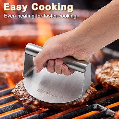 Husfunov Stainless Steel Burger Press, 5.5 Inch Round Smasher,Non-Stick Smooth Hamburger Press,Flat Bottom Without Ridges, for Cooking Burgers, Bacon, Ground Beef, Meats, Sausage and So On
