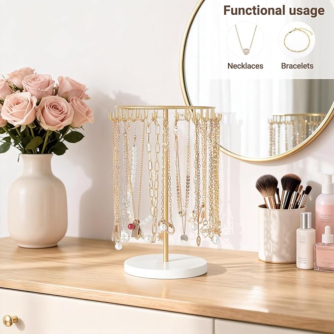 Mkono Necklace Holder Metal Jewelry Display Stand Necklace Organizer with 30 Hooks for Storage and Hanging Bracelet Keychain Home Room Decor for Women,Gold
