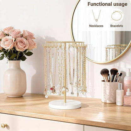 Mkono Necklace Holder Metal Jewelry Display Stand Necklace Organizer with 30 Hooks for Storage and Hanging Bracelet Keychain Home Room Decor for Women,Gold