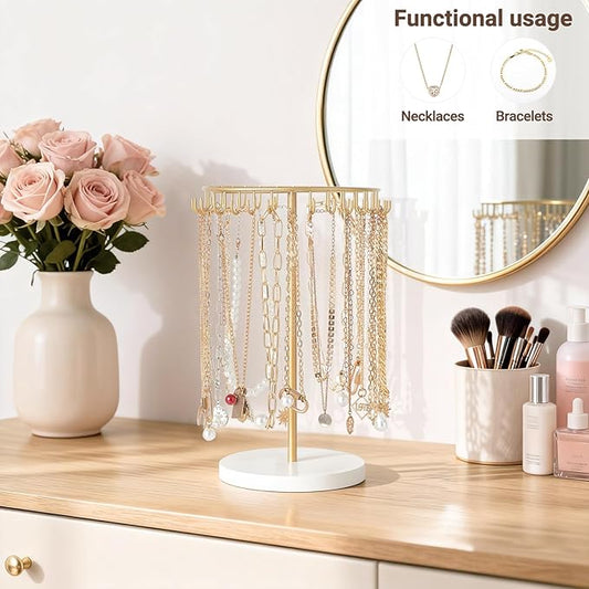 Mkono Necklace Holder Metal Jewelry Display Stand Necklace Organizer with 30 Hooks for Storage and Hanging Bracelet Keychain Home Room Decor for Women,Gold
