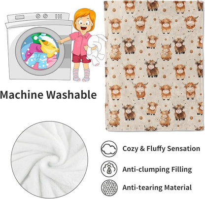 Cute Highland Cow Blanket,Adorable Cartoon Farm Animal Throw Blankets,Gifts for Kids,Lightweight Soft Fleece,for Picnic Sofa Couch Bed Room Travel,Birthday Rustic Farmhouse Decor,60x80in