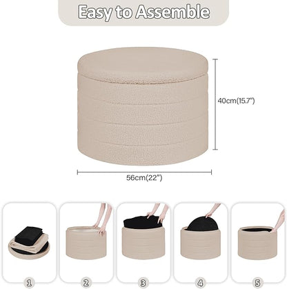 PINPLUS Round Ottoman with Stroage, Boucle Storage, Foot Stool Foldable Coffee Table Ottoman for Living Room, Bedroom, Dorm (Beige)