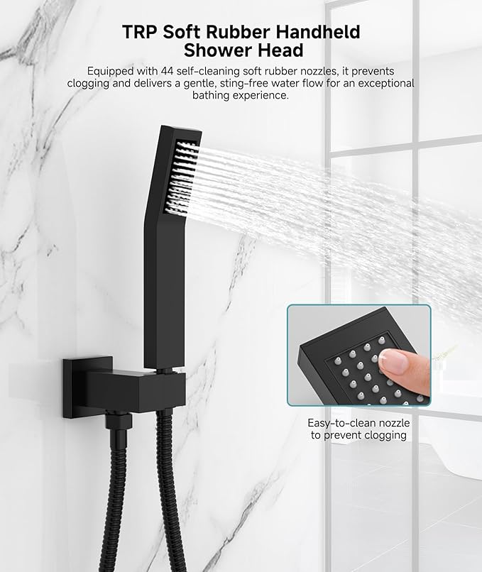 SR SUN RISE Shower Faucet Set & System - 10 Inch Rainfall Shower Head & Handle Set Wall Mounted Matte Black Solid Brass Valve Trim Kit Included