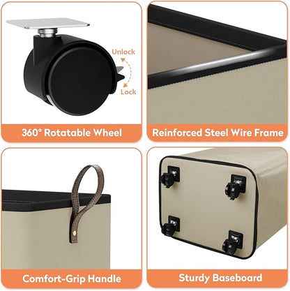 SpaceTrove Laundry Basket with Wheels, Collapsible Laundry Baskets, Laundry Hamper with Handles Detachable Wheels, Rolling Laundry Basket, Dirty Clothes Hamper for Bathroom, Dorm, Bedroom, Beige, 100L