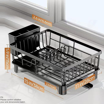 Small Dish Drying Rack, Space Saving Dish Racks for Kitchen Counter, Kitchen Organizer Dish Drainer with Cutlery Holder for Spoons and Forks, 11''W x 15''L, Black