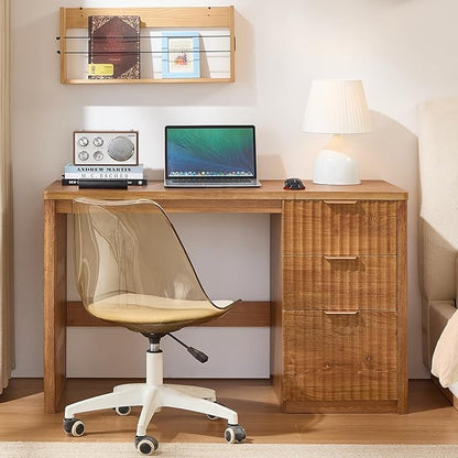 48" Modern Fluted Home Office Desk with Storage Cabinet, Brown Wood Executive Desk with File Drawer & Golden Handles, Large Computer Writing Table for Office,Study, Living Room, Bedroom