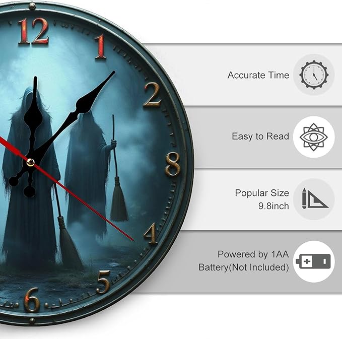 Wall Clock, Spooky Theme Non Ticking Wall Clocks Battery Operated, Teal Wooden Wall Clocks for Living Room, Bedroom, Study Room Decorative 10 Inch