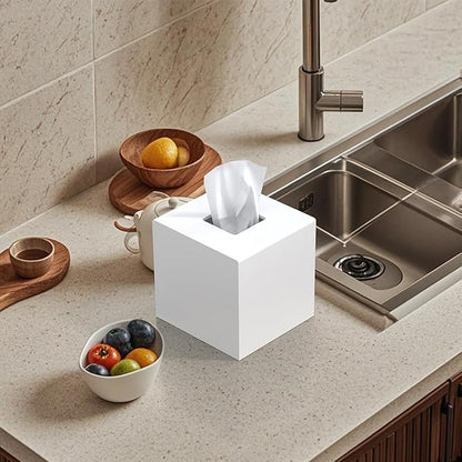 Tissue Box Cover, PITBVO Acrylic Tissue Box Holder Square Tissue Box Cover, Handmade Facial Tissue Holder Napkin Dispenser for Bathroom Kitchen Bedroom Office (Matte White, 5.5x5.5x5.5)