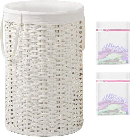 34.3 Gal (130 L) Large Laundry Hamper Laundry Basket Round Handwoven Wicker Laundry Baskets Rattan Laundry Basket with Removable Bag Handles 2 Mesh Bags for Living Room Bedroom White (No Lid)