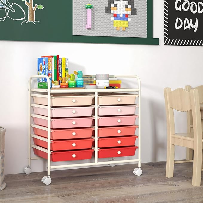 GOFLAME 12-Drawer Rolling Storage Cart, Multifunctional Art Craft Organizer Cart, Mobile Utility Storage Cart with Removable Drawers & Lockable Wheels, Craft Cart for Home Office School, Pink Gradient