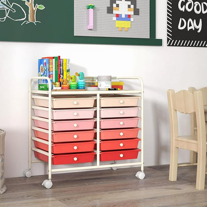 GOFLAME 12-Drawer Rolling Storage Cart, Multifunctional Art Craft Organizer Cart, Mobile Utility Storage Cart with Removable Drawers & Lockable Wheels, Craft Cart for Home Office School, Pink Gradient