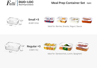 Felli Duo Loc Tritan Containers for Reheating Microwave Safe Box, Airtight Food Storage for Fridge Freezer, On The Go Lunch Container for Adults for Weekly Meal Plan Picnic Travel (6pk)