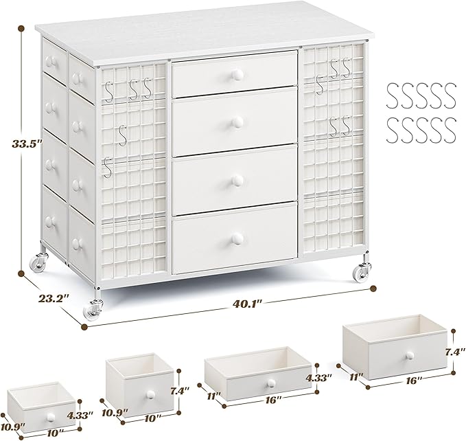 EnHomee 24 Drawers White Dresser for Bedroom, Dressers & Chests of Drawers with 4 Wheels and 40“ * 23” Wide Wooden Top, Metal Frame, Organizer Island with Hooks for Bedroom, Cloakroom, Dressing Room