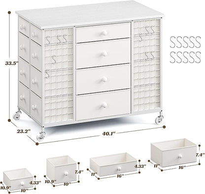 EnHomee 24 Drawers White Dresser for Bedroom, Dressers & Chests of Drawers with 4 Wheels and 40“ * 23” Wide Wooden Top, Metal Frame, Organizer Island with Hooks for Bedroom, Cloakroom, Dressing Room