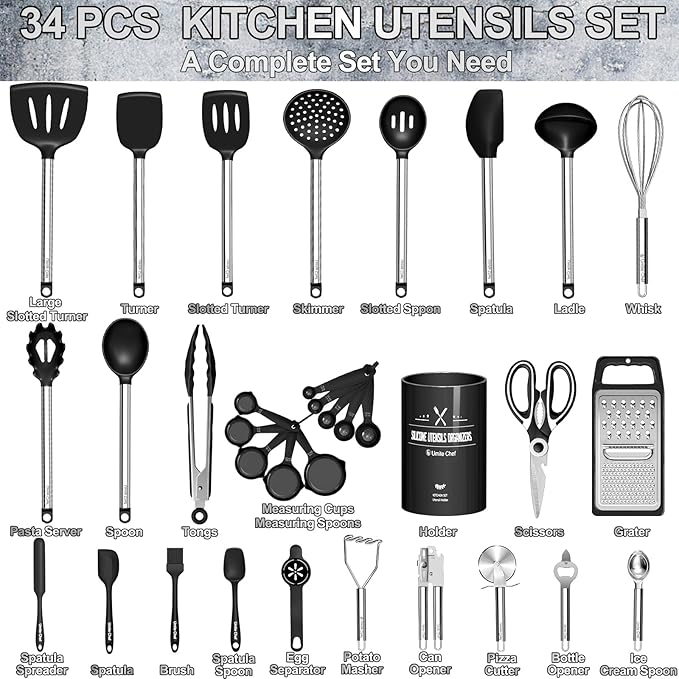 Umite Chef Thickened Kitchen Utensils Set- Silicone Cooking Utensils Set for Nonstick Cookware-Silicone Spatulas Set, Heavy Duty Stainless Steel Handle-Black Kitchen Gadgets Tools Set