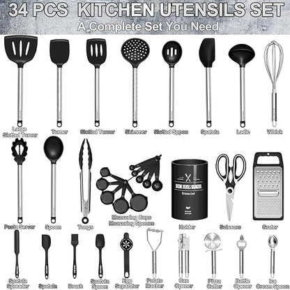 Umite Chef Thickened Kitchen Utensils Set- Silicone Cooking Utensils Set for Nonstick Cookware-Silicone Spatulas Set, Heavy Duty Stainless Steel Handle-Black Kitchen Gadgets Tools Set