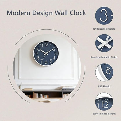 DAXSMY Wall Clock - 10 Inch Silent Non-Ticking Modern 3D Wall Clocks Battery Operated - Decorative Clock for Kitchen, Home Office, Bathroom, Bedroom(Azure Blue)