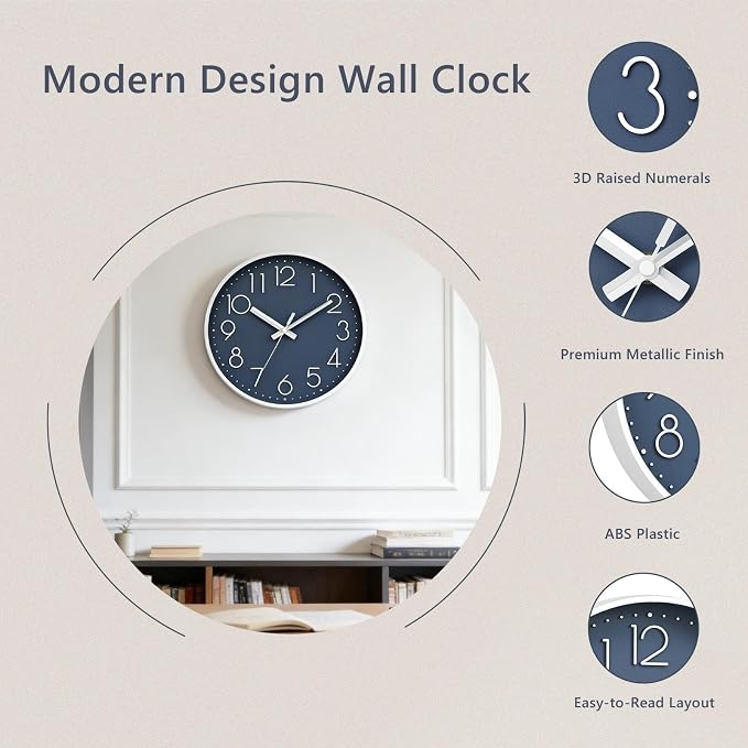 DAXSMY Wall Clock - 8 Inch Silent Non-Ticking Modern 3D Wall Clocks Battery Operated - Decorative Clock for Kitchen, Home Office, Bathroom, Bedroom(Azure Blue)