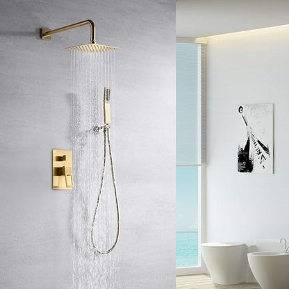sumerain Brushed Gold Shower System Pressure Balance Shower Faucet, 8 Inches Square Rain Shower Head and Hand Shower, Including Rough-In Valve