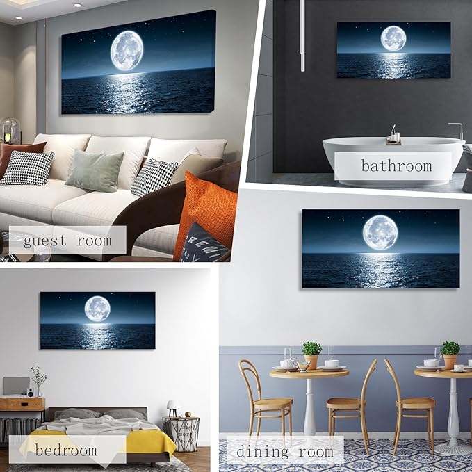 Aibonnly Wall Art Canvas Print Moon Sea Ocean Landscape 1 Panels Full moon Picture Painting Framed and Stretched Ready to Hang for Living Room Bedroom Office Home Decor Artwork 24x48inch