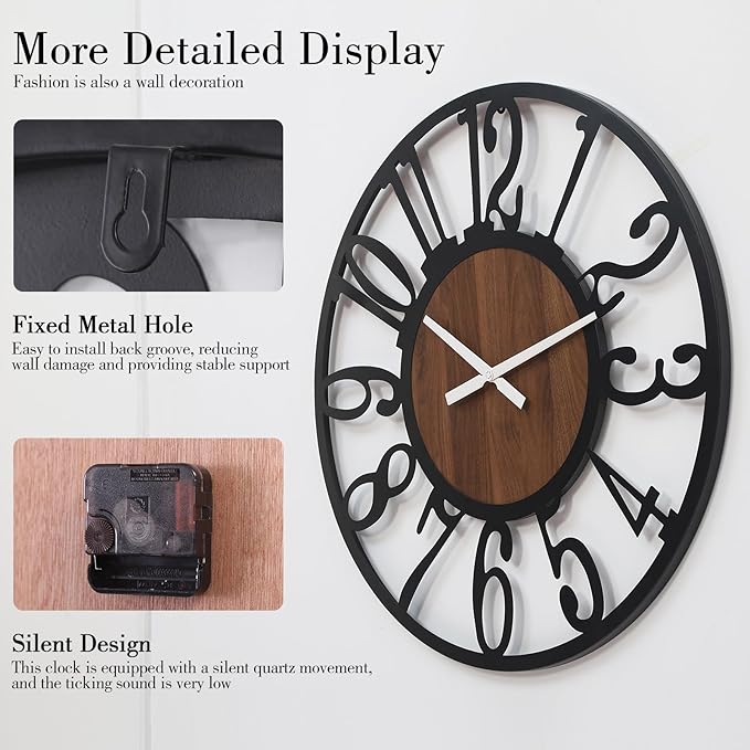 AMAATE 24 Inch Industrial Modern Vintage Wood Wall Clock with Iron Frame & Artful Cutout Numerals, Silent Non Ticking Battery Operated, Decorative for Farmhouse Living Room Home Décor Products