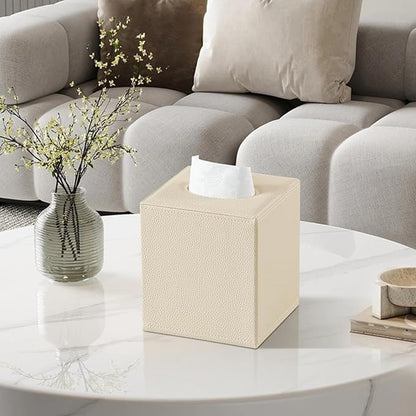 JLAMBOM PU Leather Tissue Box Cover Square Tissue Box Holder with Magnetic Closure, Decorative Tissue Holder for Bathroom Bedroom Office (Beige)